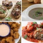 A collage of four mushroom-based dishes: baked stuffed mushrooms garnished with herbs, a bowl of mushroom soup topped with herbs, a plate of breaded fried mushrooms with a dipping sauce, and mushroom-stuffed meatballs in a tomato sauce.