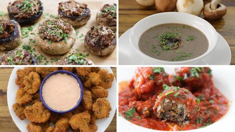 A collage of four mushroom-based dishes: baked stuffed mushrooms garnished with herbs, a bowl of mushroom soup topped with herbs, a plate of breaded fried mushrooms with a dipping sauce, and mushroom-stuffed meatballs in a tomato sauce.