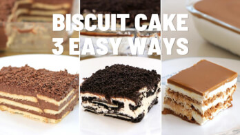 Three pieces of biscuit cake are shown, each presenting different variations. The first has layers of biscuits and chocolate cream, topped with chocolate shavings. The second features a cream and biscuit combination, also topped with chocolate. The third has a caramel topping. Text over the image reads "Biscuit Cake 3 Easy Ways.