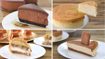 A four-panel image displaying different types of cakes. Top left: Chocolate mousse cake with a dark base on a white plate. Top right: A slice of fluffy, light-colored sponge cake being lifted. Bottom left: Nut-covered cake slice with layers. Bottom right: Biscuits-topped layered cake.