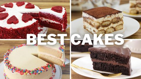 A collage of four different cakes labeled "BEST CAKES" in white text. Clockwise from top left: Red velvet cake with heart-shaped toppings, tiramisu slice, chocolate cake slice, and vanilla cake with colorful sprinkles.