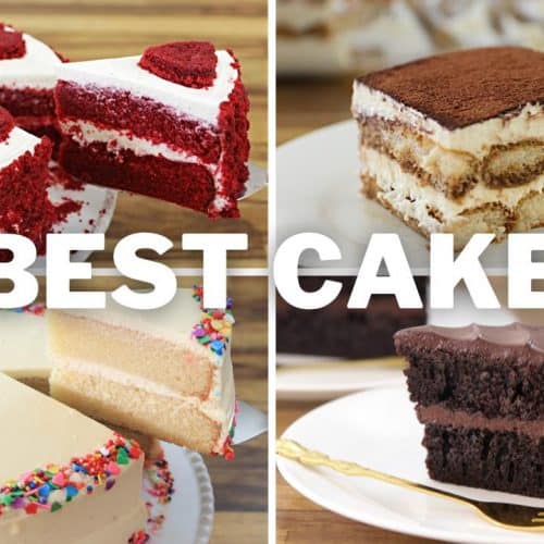 A collage of four different cakes labeled "BEST CAKES" in white text. Clockwise from top left: Red velvet cake with heart-shaped toppings, tiramisu slice, chocolate cake slice, and vanilla cake with colorful sprinkles.