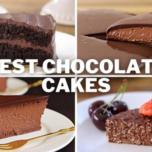 An image collage showcases four different chocolate cakes, each on a plate. The text "BEST CHOCOLATE CAKES" is prominently displayed in the center. The cakes vary in design, with toppings including strawberries and cherries for decorative appeal.