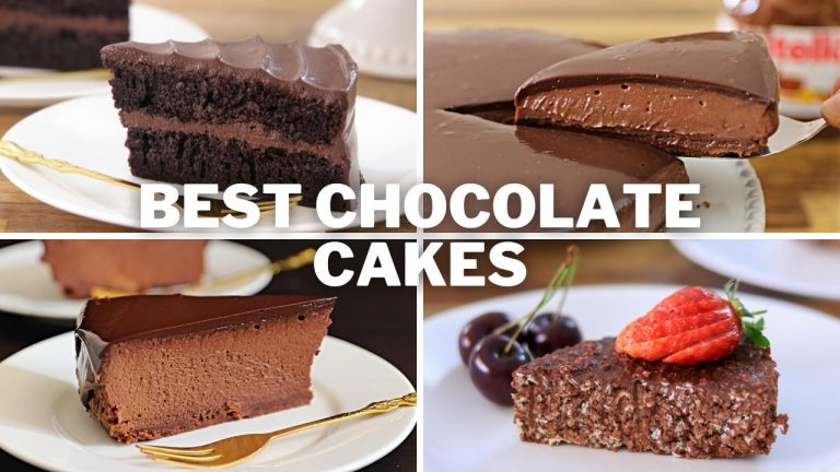 An image collage showcases four different chocolate cakes, each on a plate. The text "BEST CHOCOLATE CAKES" is prominently displayed in the center. The cakes vary in design, with toppings including strawberries and cherries for decorative appeal.