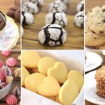 A collage of six types of cookies: a teacup filled with chocolate cookies, powdered sugar-covered crinkle cookies, chocolate chip cookies, pink and white meringues, heart-shaped butter cookies, and a stack of oatmeal cookies on a white plate.