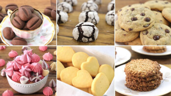 A collage of six types of cookies: a teacup filled with chocolate cookies, powdered sugar-covered crinkle cookies, chocolate chip cookies, pink and white meringues, heart-shaped butter cookies, and a stack of oatmeal cookies on a white plate.