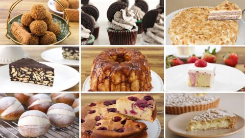 A collage of nine desserts: a basket of chocolate truffles, Oreo-topped cupcakes, an almond cake, chocolate biscuit cake slice, Bundt cake, strawberry-topped cake slice, sugar-coated pastries, berry studded cake, and a tart with a thick creamy filling.