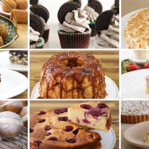 A collage of nine desserts: a basket of chocolate truffles, Oreo-topped cupcakes, an almond cake, chocolate biscuit cake slice, Bundt cake, strawberry-topped cake slice, sugar-coated pastries, berry studded cake, and a tart with a thick creamy filling.