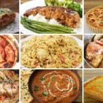 A collage of nine dishes includes lasagna with herbs, grilled fish with rice and broccoli, quiche with tomatoes, stuffed cabbage rolls, a plate of biryani, baked chicken with potatoes, creamy stuffed chicken breasts, a bowl of curry with naan, and shepherd's pie.