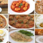 A collage of nine images depicting various dishes: 1) a slice of pie on a plate, 2) gnocchi with tomato sauce, 3) a pasta dish with cheese, 4) a bowl of lentil stew, 5) meatballs in sauce, 6) lentil curry with rice, 7) minced meat with rice and an egg, 8) chicken breast with green beans, and 9) a casserole dish.