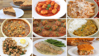 A collage of nine images depicting various dishes: 1) a slice of pie on a plate, 2) gnocchi with tomato sauce, 3) a pasta dish with cheese, 4) a bowl of lentil stew, 5) meatballs in sauce, 6) lentil curry with rice, 7) minced meat with rice and an egg, 8) chicken breast with green beans, and 9) a casserole dish.