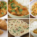 A collage of six images showing different Indian dishes. Top row: three bowls of curry and rice garnished with cilantro. Bottom row: samosas on a plate, naan bread topped with herbs, and another bowl of curry with rice.