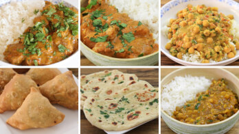 A collage of six images showing different Indian dishes. Top row: three bowls of curry and rice garnished with cilantro. Bottom row: samosas on a plate, naan bread topped with herbs, and another bowl of curry with rice.