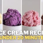 Four bowls of ice cream are shown side by side, each a different flavor: yellow, purple, pink, and brown. The text reads "4 Ice Cream Recipes Under 20 Minutes" in bold letters at the bottom of the image. The background is a simple, light-colored surface.