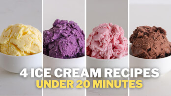 Four bowls of ice cream are shown side by side, each a different flavor: yellow, purple, pink, and brown. The text reads "4 Ice Cream Recipes Under 20 Minutes" in bold letters at the bottom of the image. The background is a simple, light-colored surface.