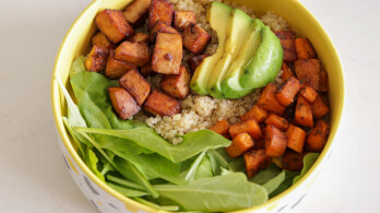 A vibrant bowl of food containing quinoa, diced tofu, sliced avocado, cubed sweet potatoes, and fresh spinach leaves, all arranged in sections. The ingredients are colorful and neatly organized, creating an appetizing and healthy meal.