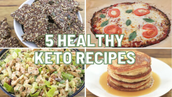 A collage featuring four healthy keto dishes: seed crackers, a tomato and basil pizza with a cauliflower crust, a chicken salad with greens, and a stack of almond flour pancakes with syrup. Text in the center reads "5 Healthy Keto Recipes.