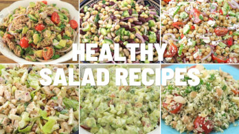 A collage of six different salads is shown with the text "Healthy Salad Recipes" written in bold, white letters across the middle. The salads include a mix of chopped greens, vegetables, beans, and grains, each displayed in various bowls and plates.