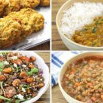 A collage of four images showing various lentil dishes. Top left: Lentil patties on a plate. Top right: Lentil curry with rice in a bowl. Bottom left: Lentil salad with mixed greens and vegetables. Bottom right: Lentil soup with diced vegetables in a bowl.