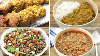 A collage of four images showing various lentil dishes. Top left: Lentil patties on a plate. Top right: Lentil curry with rice in a bowl. Bottom left: Lentil salad with mixed greens and vegetables. Bottom right: Lentil soup with diced vegetables in a bowl.