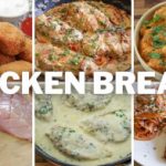 A collage of different chicken breast dishes. From left to right: breaded chicken nuggets, stuffed chicken breasts, chicken curry with rice, raw chicken breast fillets, creamy garlic chicken breasts, and chicken parmesan with spaghetti. The text "CHICKEN BREAST" is across the center.