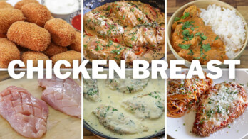 A collage of different chicken breast dishes. From left to right: breaded chicken nuggets, stuffed chicken breasts, chicken curry with rice, raw chicken breast fillets, creamy garlic chicken breasts, and chicken parmesan with spaghetti. The text "CHICKEN BREAST" is across the center.