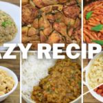 A divided image displays six easy dishes. Top row: fried rice, seasoned roasted chicken, and pasta with tomato sauce. Bottom row: mac and cheese, rice with a lentil curry, and shell pasta with cherry tomatoes. Bold white text in the center reads "LAZY RECIPES.