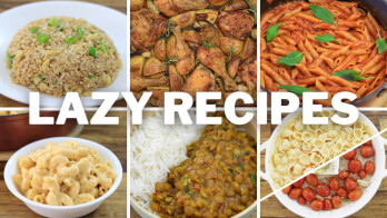 A divided image displays six easy dishes. Top row: fried rice, seasoned roasted chicken, and pasta with tomato sauce. Bottom row: mac and cheese, rice with a lentil curry, and shell pasta with cherry tomatoes. Bold white text in the center reads "LAZY RECIPES.