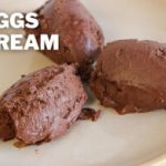 Three scoops of rich chocolate ice cream on a beige plate with text overlay saying "NO EGGS NO CREAM.