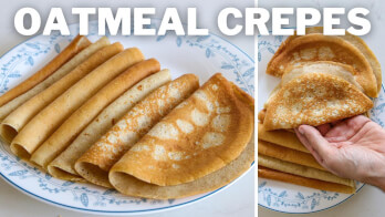 Two images show oatmeal crepes. The left image displays a plate of several neatly folded crepes, while the right image features a close-up of a hand holding two folded crepes. The words "OATMEAL CREPES" are prominently displayed at the top of the image.