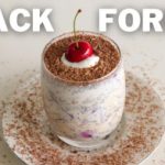 A dessert in a clear glass, topped with a dollop of cream, a cherry, and chocolate shavings. The glass sits on a white plate, which is also sprinkled with chocolate shavings. The words "BLACK FOREST" are written in bold white letters at the top of the image.