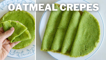 A plate of green oatmeal crepes is displayed with one crepe folded in the foreground and several crepes folded on a plate in the background. The text "OATMEAL CREPES" is written in large white letters at the top of the image.