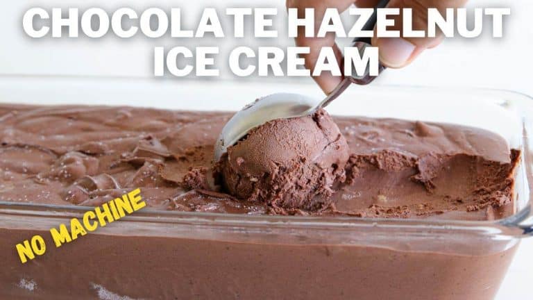 A close-up of a hand using an ice cream scoop to serve chocolate hazelnut ice cream from a glass container. The text "CHOCOLATE HAZELNUT ICE CREAM" is at the top in large, white letters, and "NO MACHINE" is in yellow text at the bottom left corner.