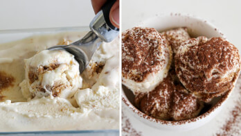 A two-panel image showcasing a tiramisu gelato. The left panel shows a hand scooping creamy, light brown gelato from a container. The right panel features a white bowl filled with several scoops of the gelato, dusted with cocoa powder.