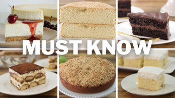 A collage of six different cakes, including a cheesecake topped with cherries, a plain sponge cake, a slice of chocolate cake, tiramisu, a crumb-topped cake, and a Tres Leches cake. The words "MUST KNOW" are overlaid in bold white letters.