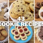 A collage of six different types of cookies, including chocolate crinkle cookies, chocolate chip cookies, chocolate almond cookies, shortbread cookies, thumbprint cookies with jam, and chocolate rosette cookies. The text "43 COOKIE RECIPES" is in the center.