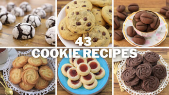 A collage of six different types of cookies, including chocolate crinkle cookies, chocolate chip cookies, chocolate almond cookies, shortbread cookies, thumbprint cookies with jam, and chocolate rosette cookies. The text "43 COOKIE RECIPES" is in the center.