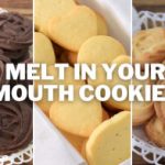 An image displaying three types of cookies: chocolate swirled cookies on the left, heart-shaped butter cookies in the center, and butter swirl cookies on the right. The text "Melt in Your Mouth Cookies" is written across the center of the image.