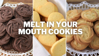 An image displaying three types of cookies: chocolate swirled cookies on the left, heart-shaped butter cookies in the center, and butter swirl cookies on the right. The text "Melt in Your Mouth Cookies" is written across the center of the image.