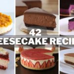 A collage of six different cheesecake slices, each with distinct flavors and toppings. The center text reads "42 Cheesecake Recipes". Each cheesecake is on a white plate, showing a variety of colors and textures, from chocolate to fruit toppings.