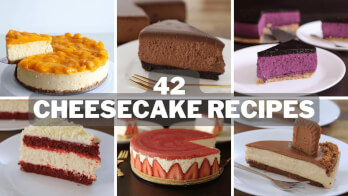 A collage of six different cheesecake slices, each with distinct flavors and toppings. The center text reads "42 Cheesecake Recipes". Each cheesecake is on a white plate, showing a variety of colors and textures, from chocolate to fruit toppings.