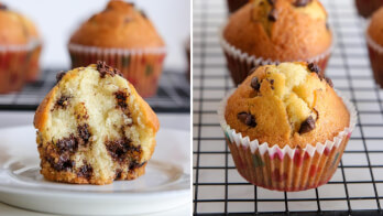 Image split in half: Left side shows a halved chocolate chip muffin on a white plate, displaying its moist interior with chocolate chunks. Right side features whole chocolate chip muffins in colorful paper liners cooling on a black wire rack.