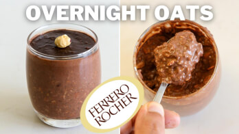 A glass jar filled with chocolate overnight oats and a hazelnut on top is shown on the left. The right side shows a close-up of a spoonful of the oats. An image of a Ferrero Rocher logo is placed in front of both views. The text reads "OVERNIGHT OATS.