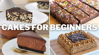 A collage of four cakes with the caption "Cakes for Beginners." The top left shows a no-bake chocolate biscuit cake, the top right features chocolate sheet cake slices with sprinkles, the bottom left has a chocolate cheesecake, and the bottom right displays a decorated coffee cake.