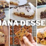 A collage of various banana desserts: banana bread, chocolate chip banana bars, banana cream pie, chocolate banana cake, and banana spring rolls. The text "BANANA DESSERTS" is prominently displayed across the center of the image.