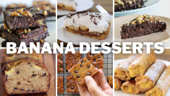 A collage of various banana desserts: banana bread, chocolate chip banana bars, banana cream pie, chocolate banana cake, and banana spring rolls. The text "BANANA DESSERTS" is prominently displayed across the center of the image.