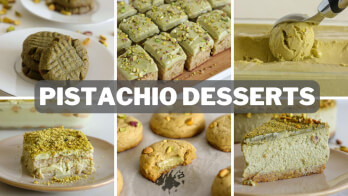 A collage of various pistachio desserts, including cookies, squares, mousse, ice cream, cake, and more, displayed on plates and in trays. Text overlay reads "PISTACHIO DESSERTS" in bold letters.