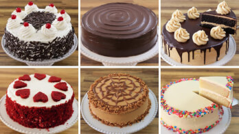 A grid of six different round cakes displayed on white cake stands. The cakes are decorated with various toppings: whipped cream and cherries, smooth chocolate glaze, piped caramel swirls with a slice cut, red velvet hearts, caramel with nuts, and colorful sprinkles.