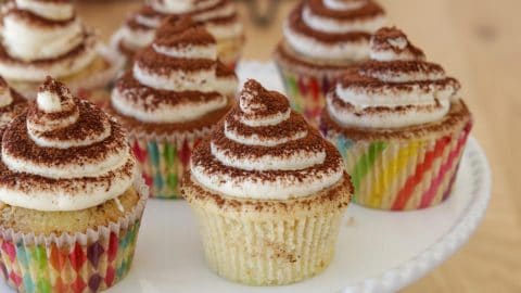 A plate of cupcakes is topped with swirled white frosting and dusted with cocoa powder. The cupcakes are in colorful, striped paper liners and are arranged closely together on a white plate. The background is out of focus.