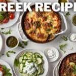 A top-view photo of various Greek dishes, including salads, tzatziki, and baked dishes like moussaka, arranged around the text "GREEK RECIPES." The image is adorned with small Greek flags, emphasizing the theme of Greek cuisine.